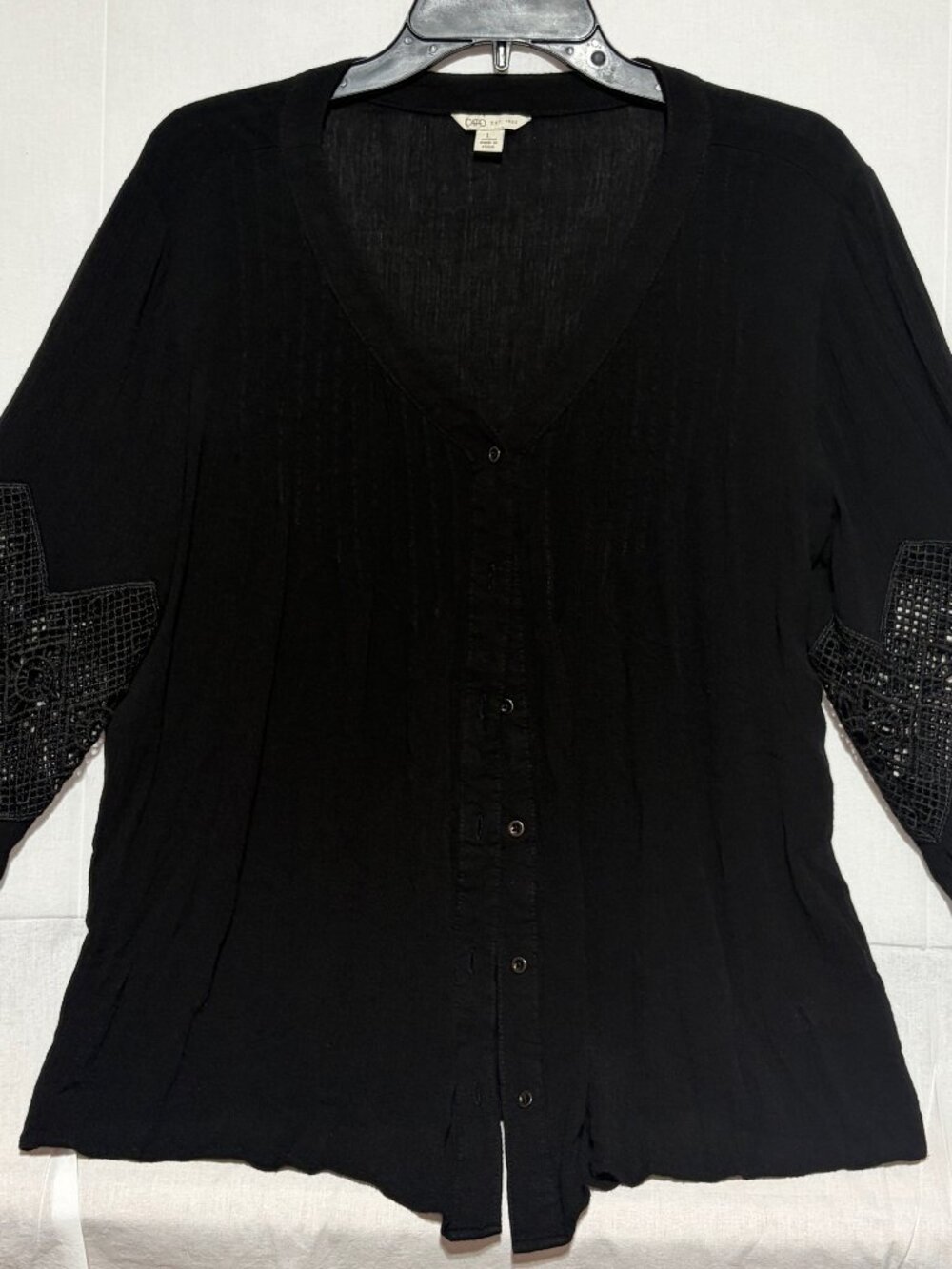 Cato Womens L Black Boho Button Front Blouse Crochet Inset Bell Sleeve Rayon